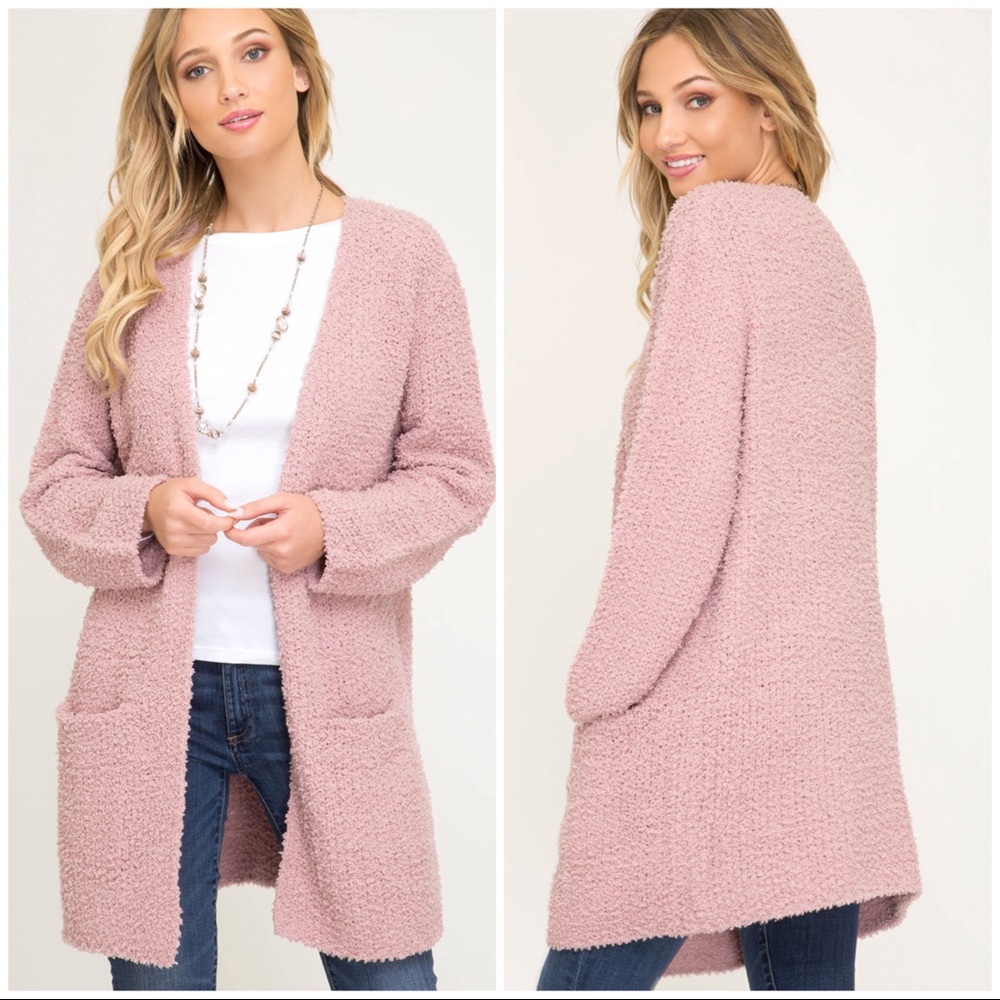 Cozy soft Rose popcorn long cardigan. - Picture 3 of 8